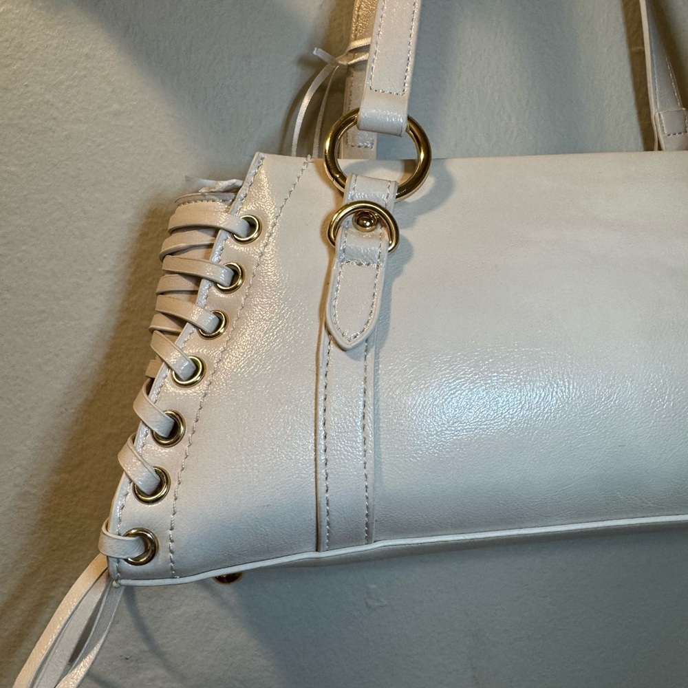 Cream Shoulder Bag with Lace-Up Side Detail - Picture 6 of 13